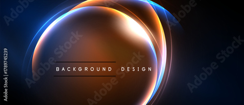 Abstract design features glowing circular layers. Warm orange blends with cool blue hues on dark background. Text reads background design.