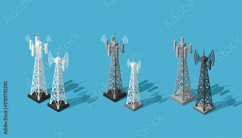 Modern cell towers transmit signals, showcasing connectivity and communication infrastructure in a clean isometric design
