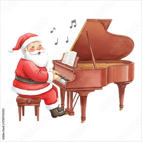 Watercolor Santa Claus Playing Piano Vector Illustration, Musical Christmas Character

