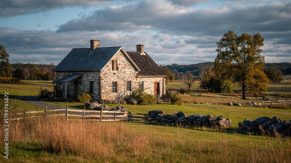 Fototapeta premium A rustic stone house sits amidst rolling green fields under a cloudy, golden sky
