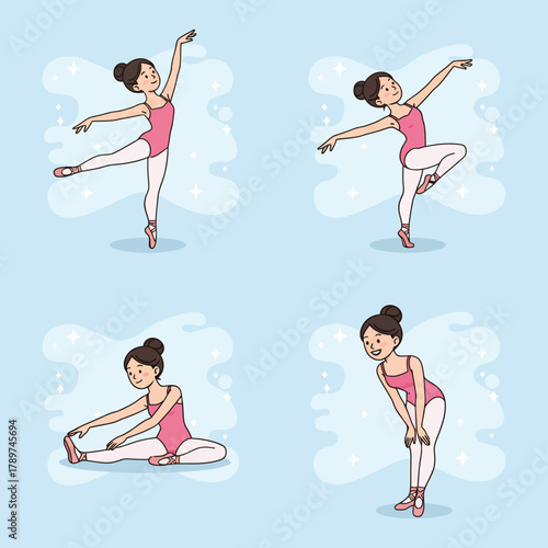 Four ballet poses of a young girl in pink leotard and tutu