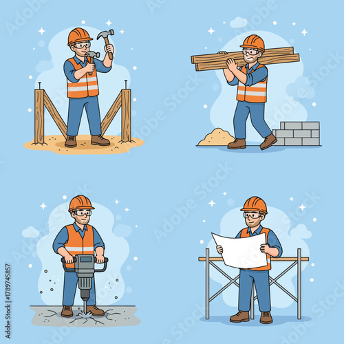 Construction worker performing various tasks on a building site