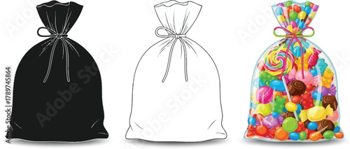 Three candy bags in different styles silhouette, outline and color version with lollipop and sweets