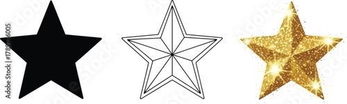 Three star illustrations in different styles black silhouette, outline drawing, and golden glitter