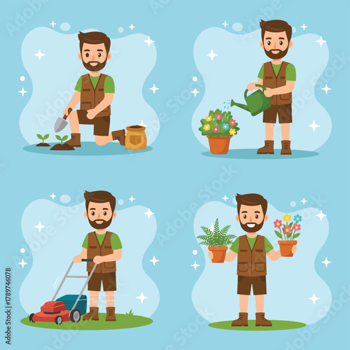 Gardener man doing various outdoor activities and caring for plants