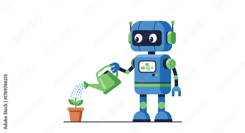 Fototapeta premium Friendly robot nurturing a small plant with a watering can, symbolizing growth and innovation in technology and business