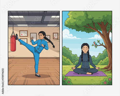 Woman practicing martial arts and meditating outdoors for fitness and wellness