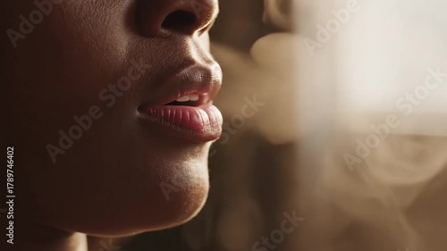 Profile close-up of an African woman's mouth and lips exhaling a cloud of visible warm vapor or smoke