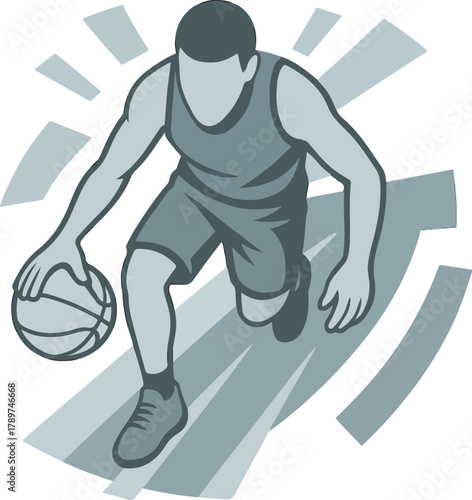 Basketball player dribbling ball in motion with abstract background