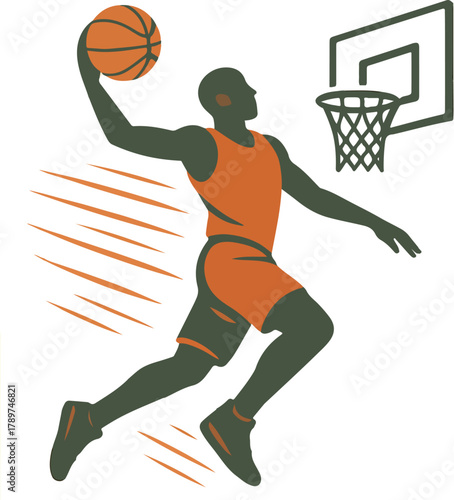 Basketball player dunking ball near hoop graphic sport