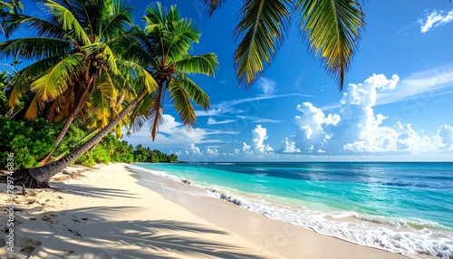 Fototapeta Naklejka Na Ścianę i Meble -  Pristine tropical beach with palm trees, turquoise water, and fluffy clouds