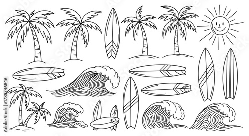 A hand-drawn collection of summer beach and surfing elements, including palm trees, waves, and surfboards in a doodle style.