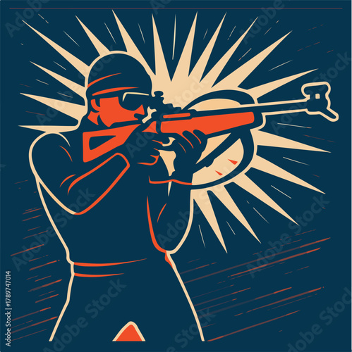 Biathlete aiming rifle with sunburst background biathlon