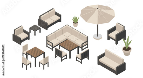 Inviting outdoor spaces with this modern isometric furniture collection, perfect for patios and gardens