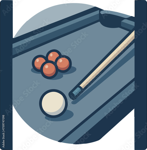 Billiard balls and cue on blue felt table pool