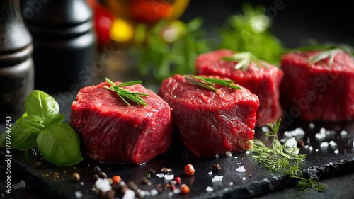 Prime beef cuts seasoned with herbs and spices, ready for grilling or cooking, ideal for culinary creations and gourmet food content