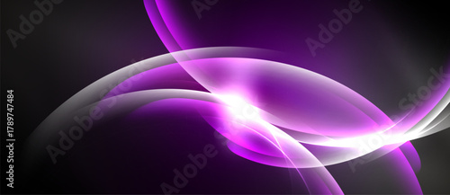 Abstract purple energy flows, smooth curves, bright center. Dynamic composition, modern design, elegant gradients. Light radiates, dark background.