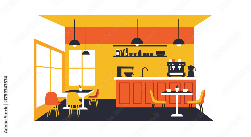 Obraz premium Vibrant modern cafe interior with colorful seating and sleek coffee station, perfect for lifestyle and business concepts