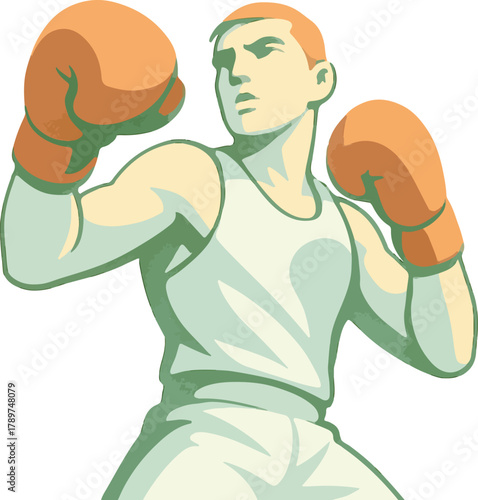 Boxer in fighting stance with orange gloves and green accents