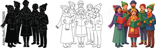 Three versions of a christmas carol choir, including a silhouette, an outline drawing, and a colorful cartoon