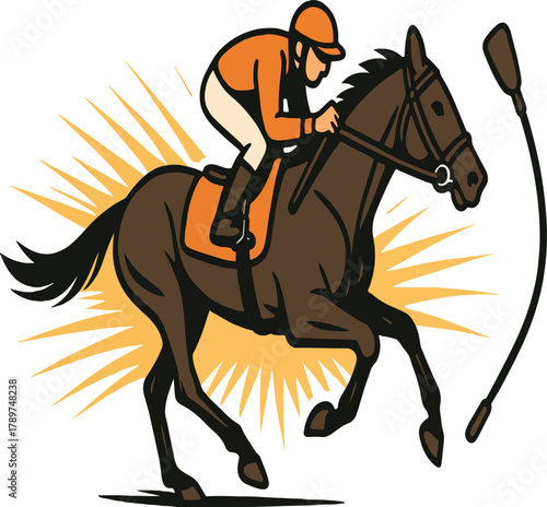 Brown horse and jockey in orange racing silks with whip