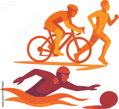 Cyclist runner and swimmer in orange and red triathlon