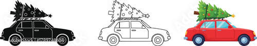 Three car illustrations with christmas tree top solid black, outline, and red car