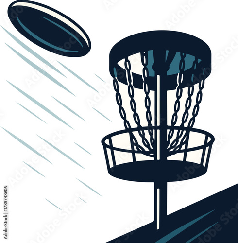 Dark blue disc flying towards chain basket disc golf