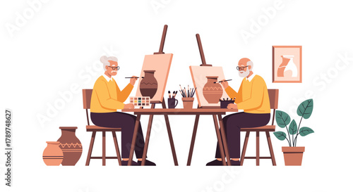 Joyful seniors embrace creativity painting pottery art class, fostering connection and serene hobby engagement