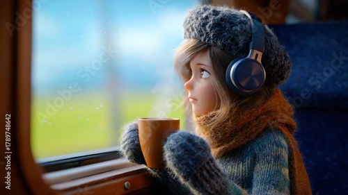 Animated girl on train, enjoying hot drink and music, winter mood, watching snowy landscape, perfect for cozy holidays and winter travel themes