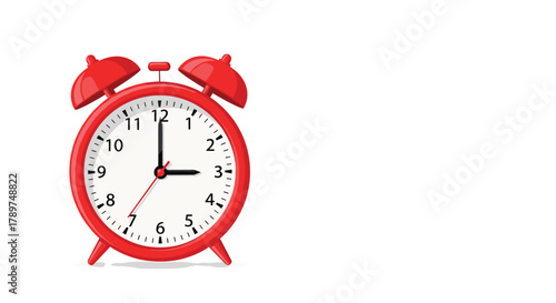 Vibrant red vintage alarm clock showing 3 o'clock, perfect for time management and schedule planning concepts