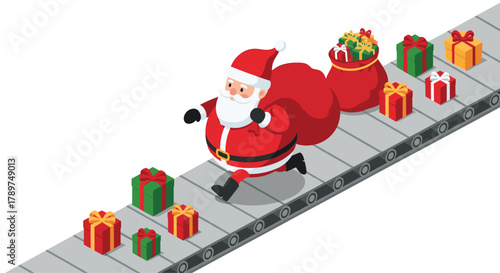 Santa Claus diligently working on a gift wrapping assembly line, preparing for Christmas cheer and holiday joy