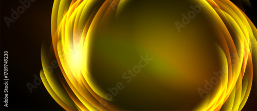 Abstract golden swirls create dynamic visual effect. Bright center draws attention, dark background emphasizes luminosity.