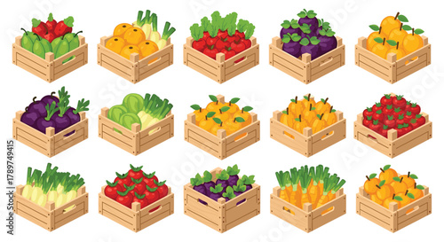 Vibrant crates overflowing with fresh produce, a healthy and colorful market display ready for your designs