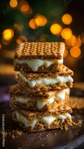 Golden graham cracker sandwiches dripping with sweet white frosting, a tempting dessert stack for holiday parties and festive celebrations