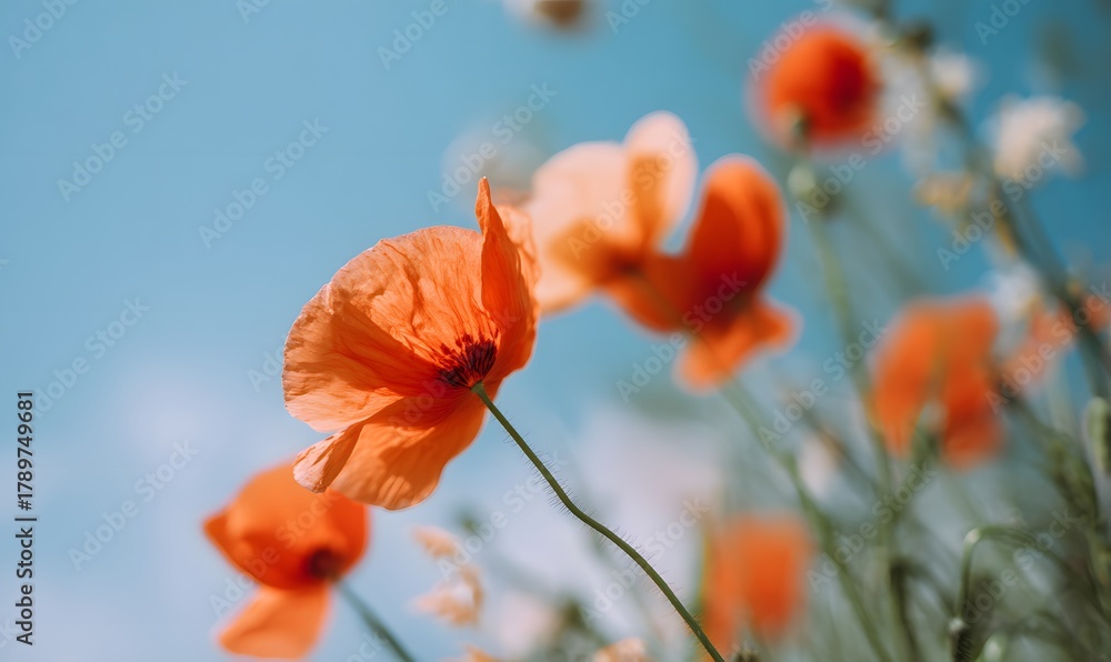 Fototapeta premium a clear blue sky with a few blurred poppy flowers in vivid red and orange tones around the edges