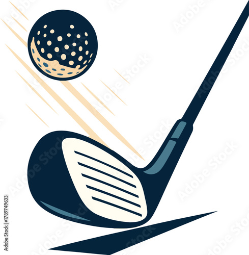 Golf club hitting a dark blue golf ball with motion lines