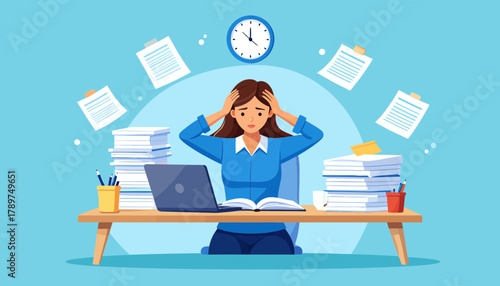 Stress and Burnout Overwhelmed Woman with Laptop, Papers, and Clock in a Tense Scene