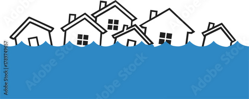 Sinking houses illustration. Flood and natural disaster in doodle style with outline. 