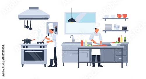 Professional chefs meticulously preparing culinary masterpieces in a modern, well-equipped professional kitchen environment