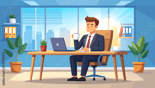 Office stress and burnout An illustration of a businessman's morning at his desk, overwhelmed by work and coffee