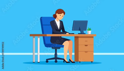 Vector illustration of a professional woman facing burnout and stress from long hours at the office computer