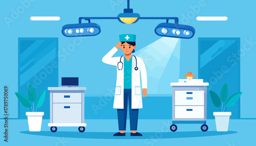 Healthcare worker overwhelmed by stress and emotional burnout, standing alone in a sterile operating theater