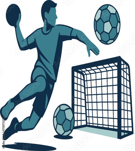 Handball player jumping to shoot ball towards goal