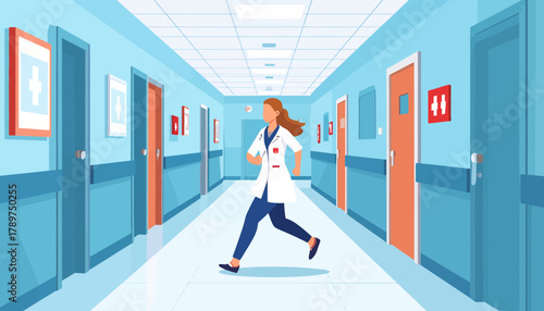 Doctor Running Down Hospital Hallway Amidst Burnout and Stress