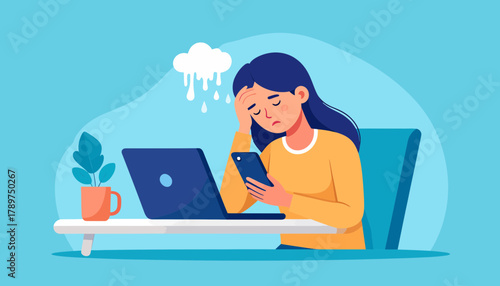 A tired woman experiencing professional burnout and emotional stress, feeling overwhelmed by work and technology
