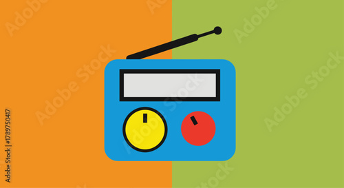 Retro blue radio with antenna and colorful dials on a split orange and green background, perfect for vintage or music themes