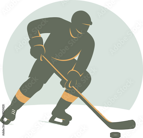 Hockey player in motion with puck and stick ice hockey