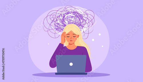 Overwhelmed by digital demands, a young woman confronts severe work stress and the crushing weight of burnout, highlighting modern mental health challenges