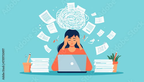 An illustration depicting a person experiencing severe work burnout and stress, overwhelmed by a chaotic pile of documents and a tangled mind